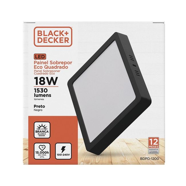 Painel Led Eco Preto Sobrepor 18W Quadrado 6500K Bivolt  Black Decker