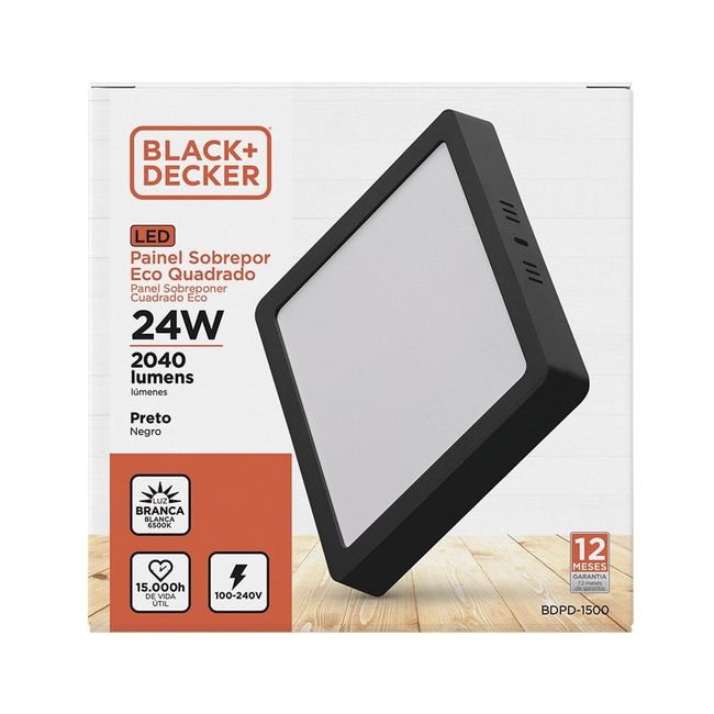 Painel Led Eco Preto Sobrepor 24W Quadrado 6500K Bivolt  Black Decker