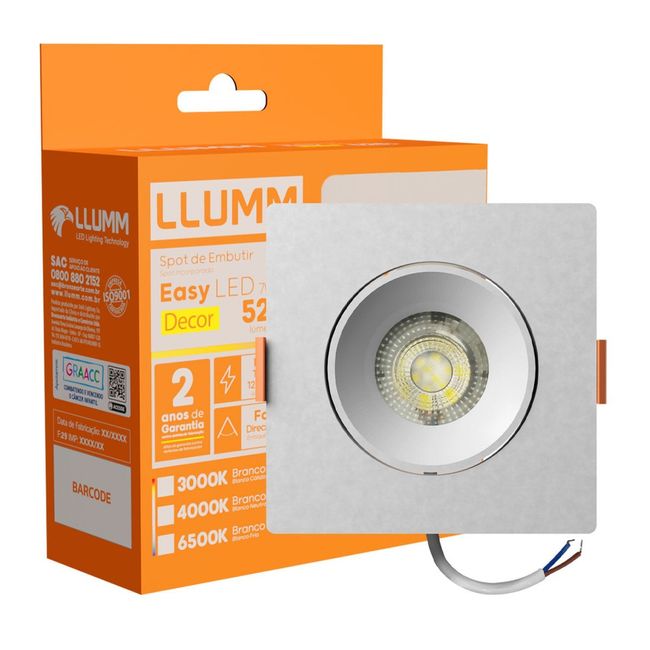 Spot De Embutir Easy Led 7W Quadrado 3K Branco 90X90X32Mm Bivolt Llumm Bronzearte