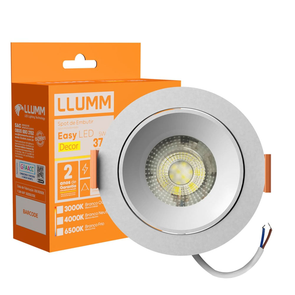 Spot De Embutir Easy Led 5W Redondo 3K Branco 90X32Mm Bivolt Llumm Bronzearte