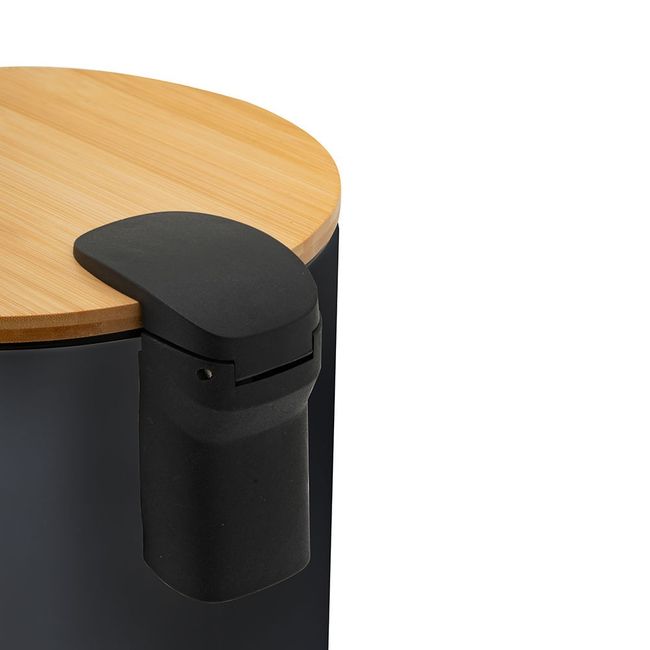 Lixeira Com Tampa De Bambu E Pedal 3L Preta Redonda Coisas E Coisinhas