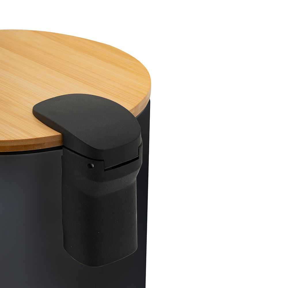 Lixeira Com Tampa De Bambu E Pedal 3L Preta Redonda Coisas E Coisinhas