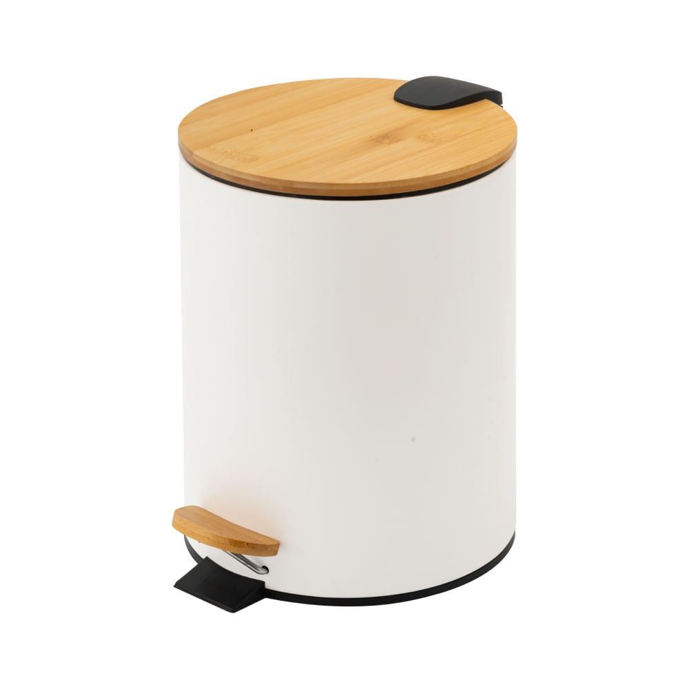 Lixeira Com Tampa De Bambu E Pedal 3L Branca Redonda Coisas E Coisinhas