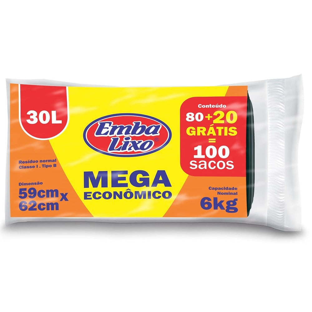 Saco Lixo Embalixo Rolo Preto Mega Economico 30L 100 Sacos