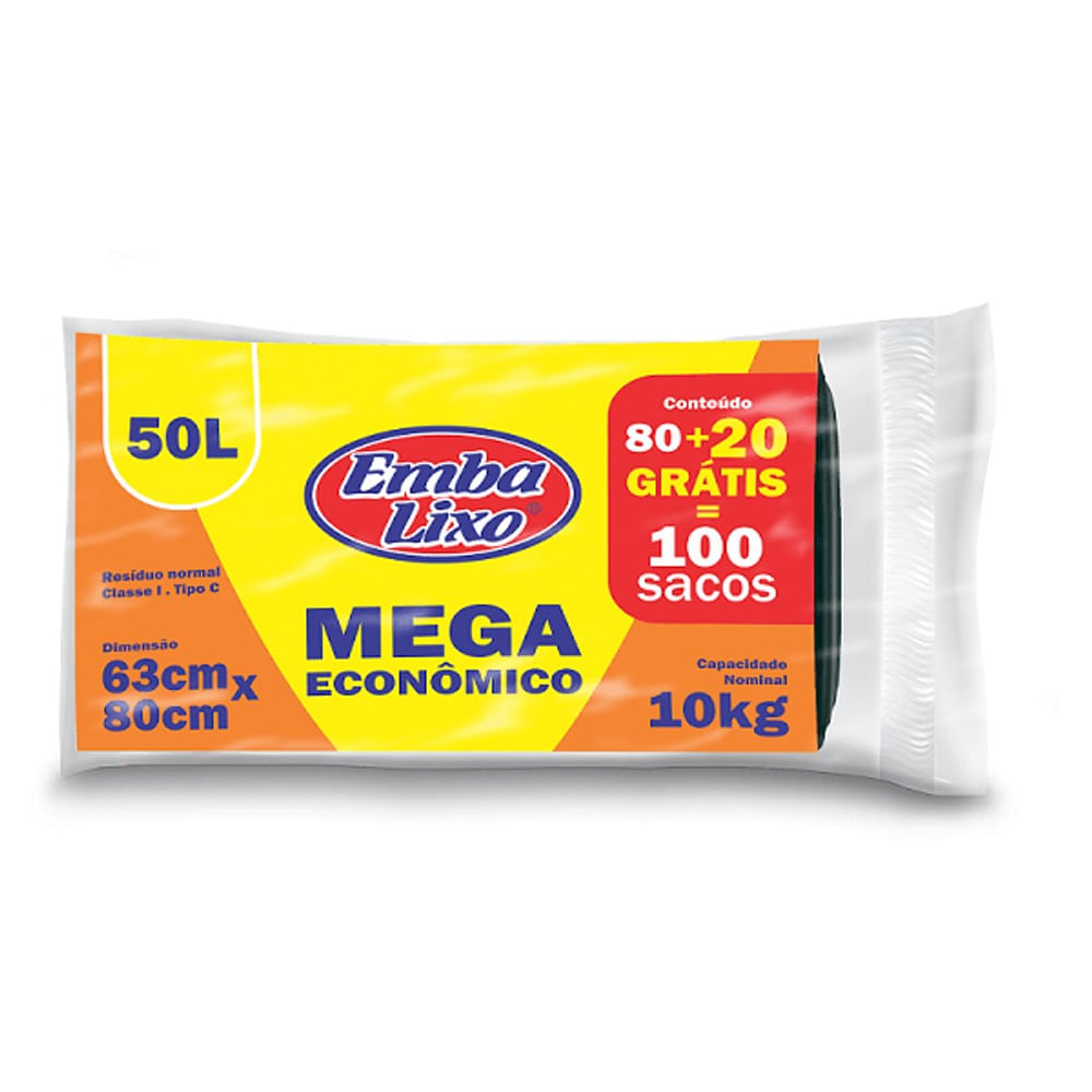 Saco Lixo Embalixo Rolo Preto Mega Economico 50L 100 Sacos
