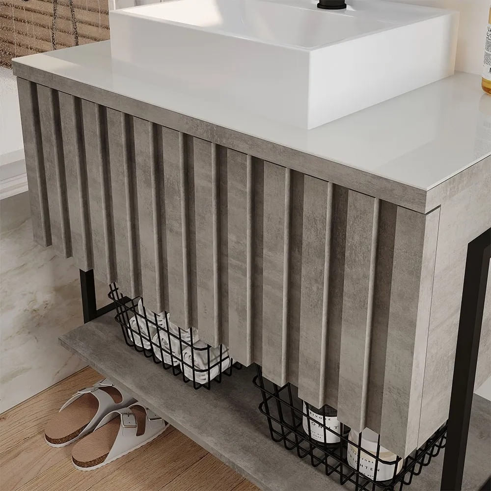 Armário De Banheiro Frise 84,3X45,1X69,7Cm Mdf E Metalon Cimento Mgm