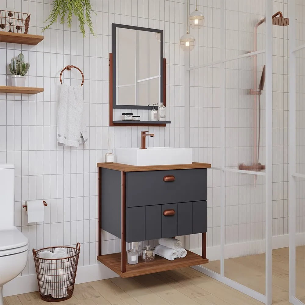 Armário De Banheiro Universal 61,3X45,1X75Cm Com Espelheira Titanium Freijo Mgm