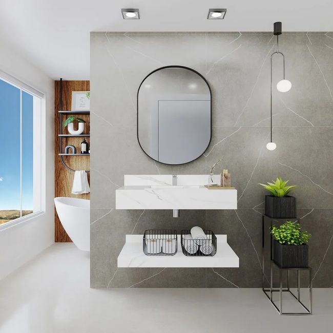 Bancada Para Banheiro Porcelanato Roma Com Cuba 80Cm Branca Darabas