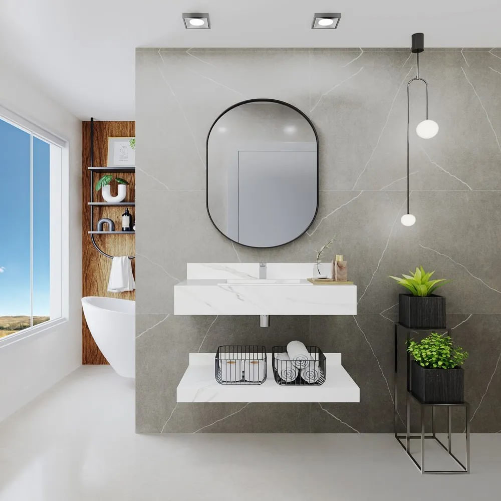 Bancada Para Banheiro Porcelanato Roma Com Cuba 80Cm Branca Darabas