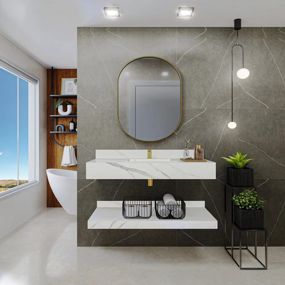 Bancada Para Banheiro Porcelanato Roma Com Cuba 100Cm Branca Darabas