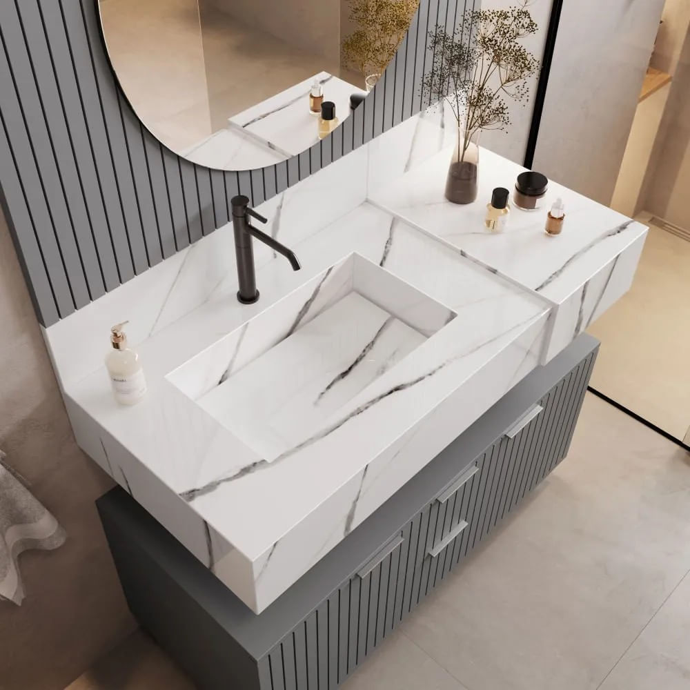 Bancada para Banheiro em Porcelanato Ripy Com Cuba Esculpida 100cm Calacata BluRipy 100Cm Com Cuba Esculpida Calacata Blu