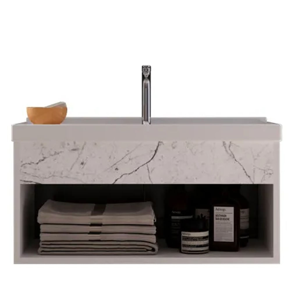 Gabinete Para Banheiro Com Lavatório Beta Marmorizado Branco Cerocha