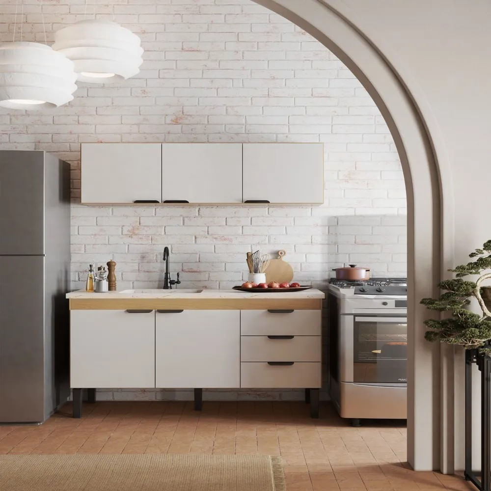 Gabinete Cozinha Madeira Flamingo Jequitibá Nude 144X85X51 Pia 150 Cozimax