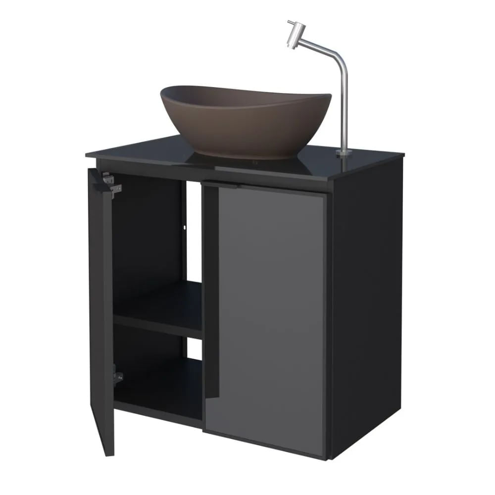 Toucador Banheiro Umbu Preto Porta Aço E Tampo Vidro 62X59X36 Cozimax