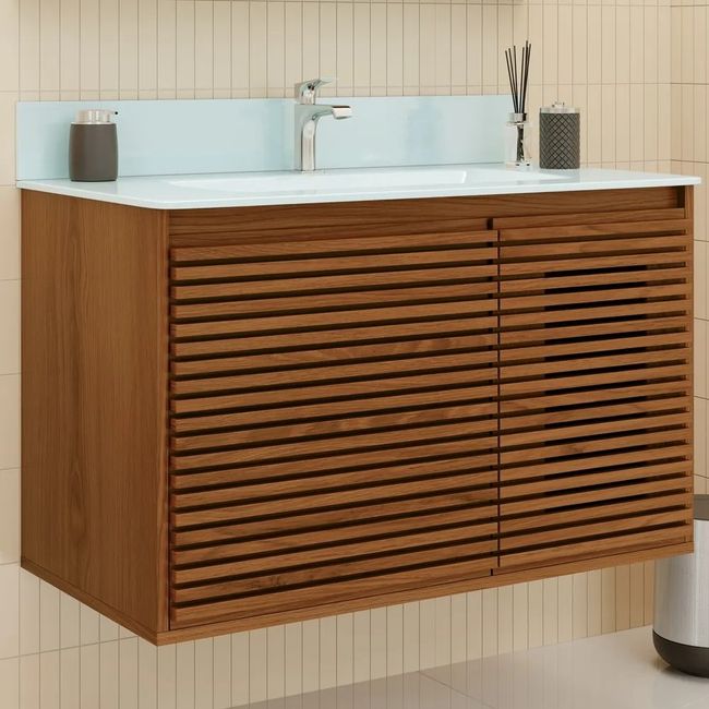 Gabinete Creta 80 Ripado Com Tulha E Bancada De Vidro Freijó Astral Design