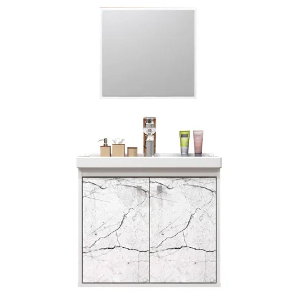 Conjunto Gabinete Para Banheiro Com Lavatório E Espelheira Aster Branco Marmorizado Branco Cerocha