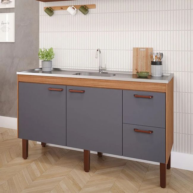 Balcão De Cozinha Slim Mdf 144X51X87Cm Freijo Titanium Mgm