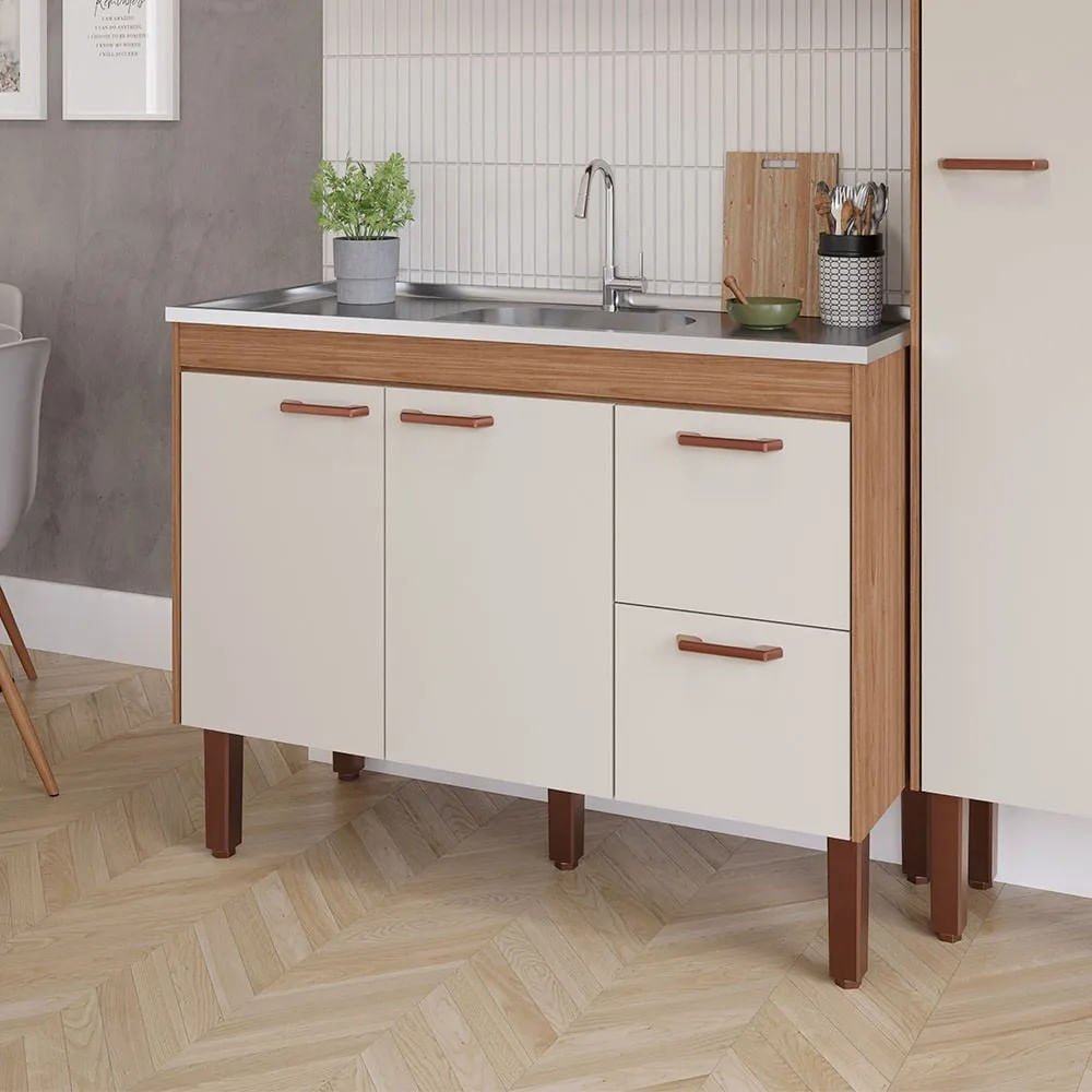 Balcão De Cozinha Slim Mdf 114X51X87Cm Freijo/Off White Mgm