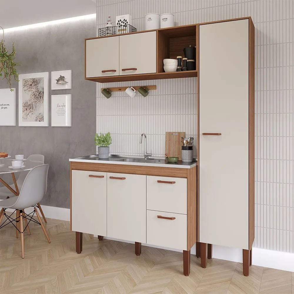 Balcão De Cozinha Slim Mdf 114X51X87Cm Freijo/Off White Mgm