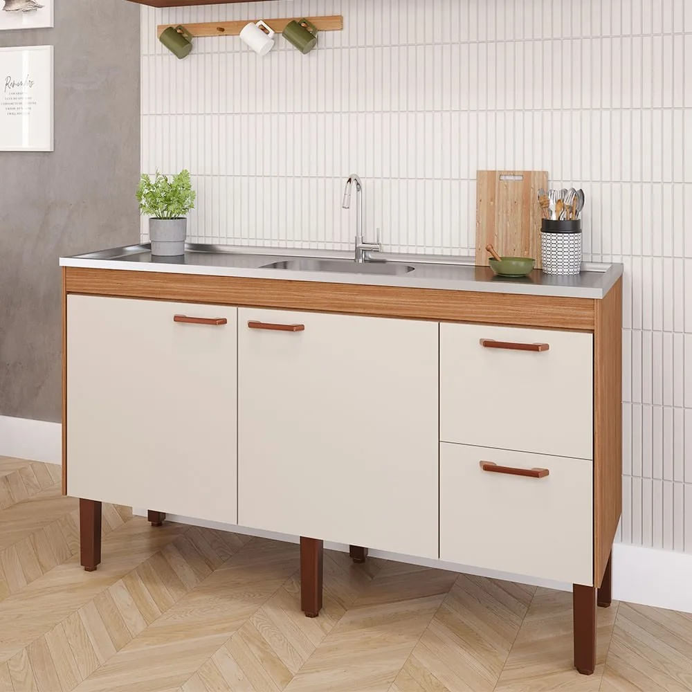 Balcão De Cozinha Slim Mdf L144Xc51X87Cm Freijo Off White Mgm