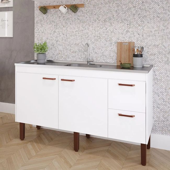 Balcão De Cozinha Slim Mdf 144X51X87Cm Branco Mgm