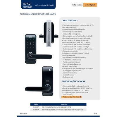 Fechadura Eletronica Smart Lock Sl205 Preta Papaiz