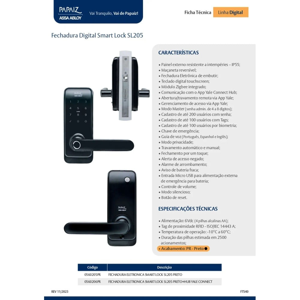 Fechadura Eletronica Smart Lock Sl205 Preta Papaiz