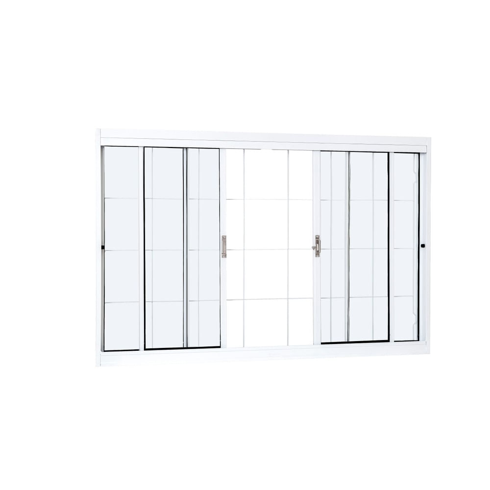 Janela Vitro De Aço De Correr Com Grade Quadricualda 150x100x12 4 Folhas Com Vidro Liso Branca Unicsol Ramassol