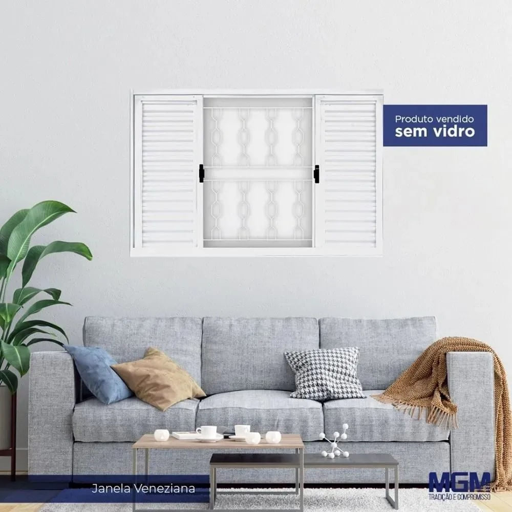 Janela Venziana 6 Folhas Grade Vidro Liso 100x100 Branco Minas Sul Mgm