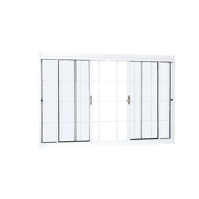 Janela Vitro De Aço De Correr Com Grade Quadriculada 120x100x12 4 Folhas Com Vidro Liso Branca Unicsol Ramassol
