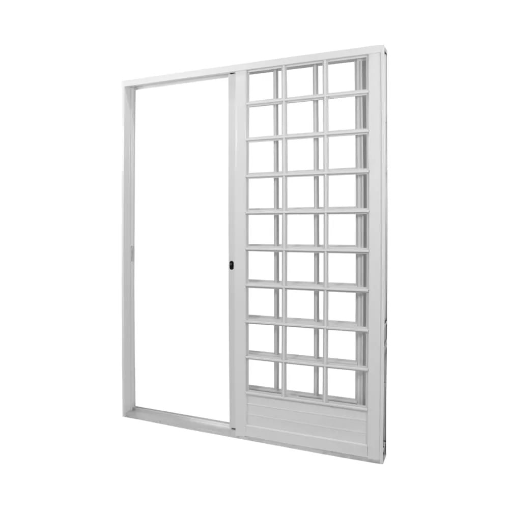 Porta De Correr 2 Folhas Com Grade Quadrada 215X160Cm Req12 Aço Branco Direita Mgm