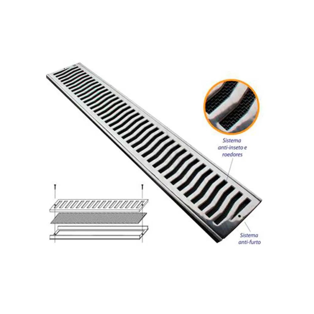 Conjunto Leve Em Alumínio Formado Por Grelha E Porta Grelha Parafusado E Com Tela, Medida 15x100cm Acabamento Martelado Cromado-Costa Navarro