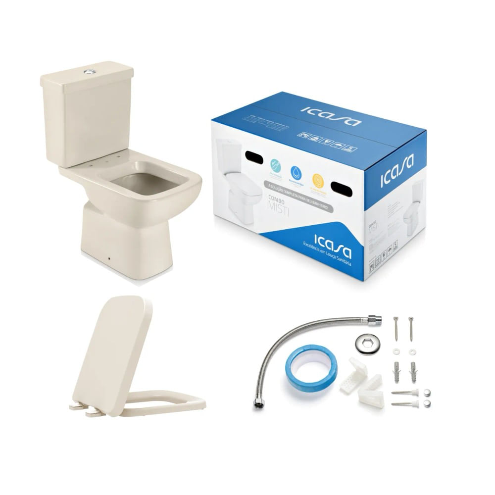Vaso Sanitário com Caixa Acoplada e Acessórios de Instalação e Assento Pp Soft Close Palha Misti Icasa