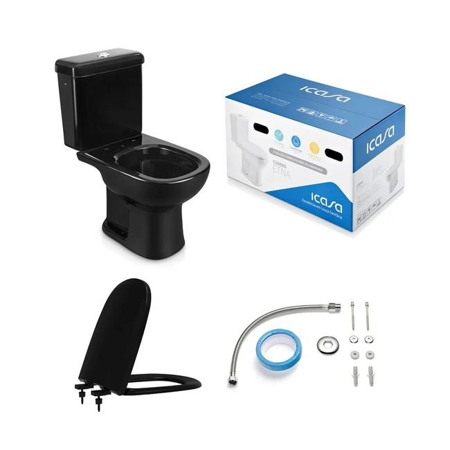 Vaso Sanitário com Caixa Acoplada e Acessórios de Instalação e Assento Pp Soft Close Preto Etna Icasa