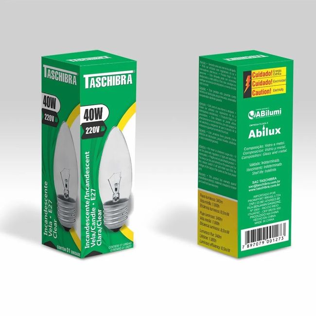 Lâmpada Incandescente Vela Lisa Clara 40W 220V E27 Taschibra