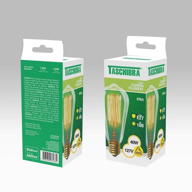 Lâmpada Filamento De Carbono ST64 40W 127V Taschibra