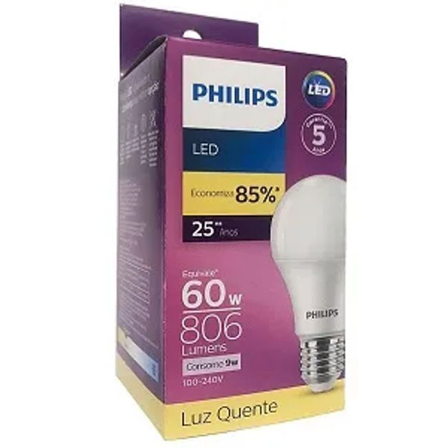 Lâmpada de LED bulbo Philips A60 100-240V 9W 3000K 806lm amarela