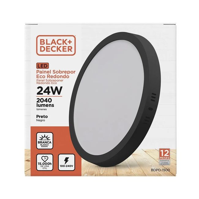 Painel Led Eco Preto Sobrepor 24W Redondo 6500K Bivolt  Black Decker
