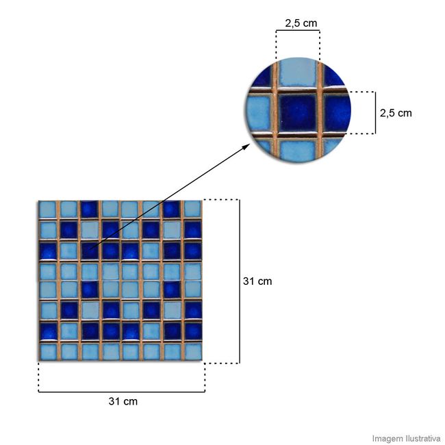 Pastilha de porcelana 2,5x2,5cm placa 31x31cm mescla Jatobá