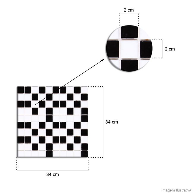 Pastilha de vidro 2x2cm placa 34x34cm branco com preto Jatobá