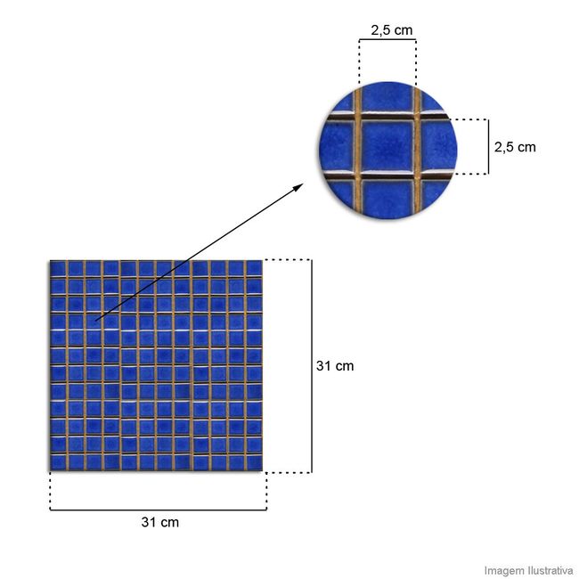 Pastilha de porcelana 2,5x2,5cm placa 31x31cm azul viscaya Jatobá