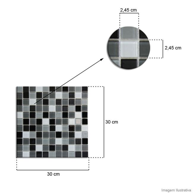 Pastilha de vidro 2,45x2,45cm placa 30x30cm black white Crystalcor