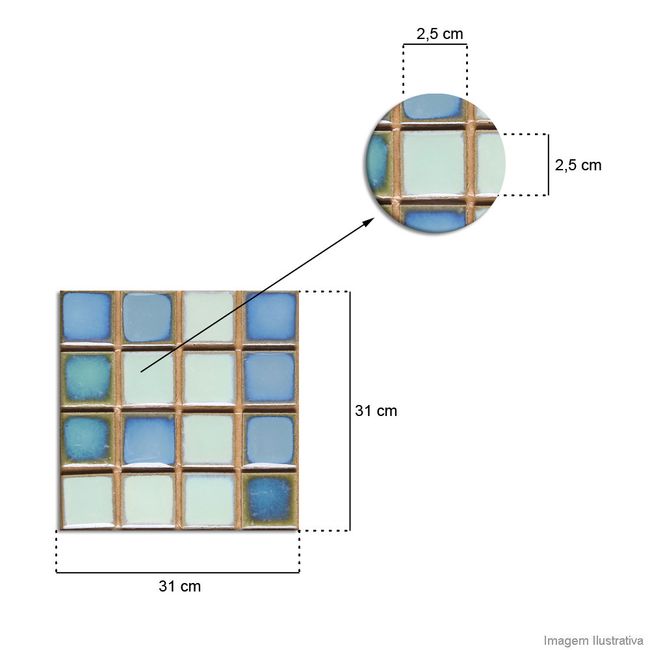 Pastilha de porcelana 2,5x2,5cm placa 31x31cm mescla Jatobá