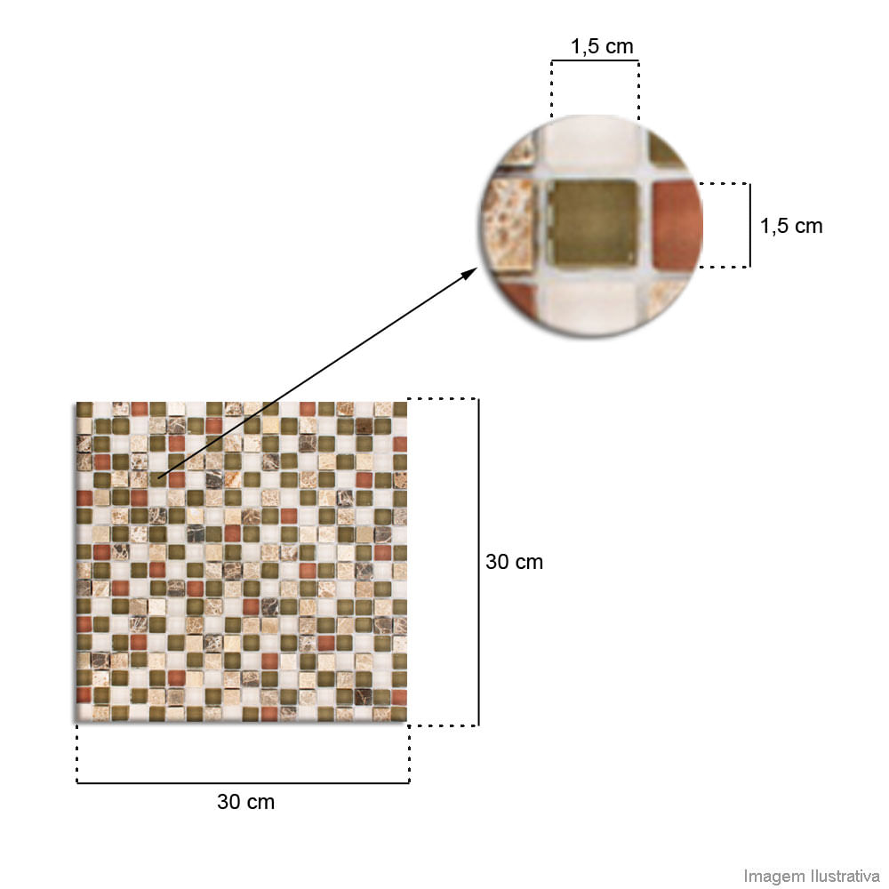 Pastilha de vidro 1,5x1,5cm placa 30x30cm florest Crystalcor