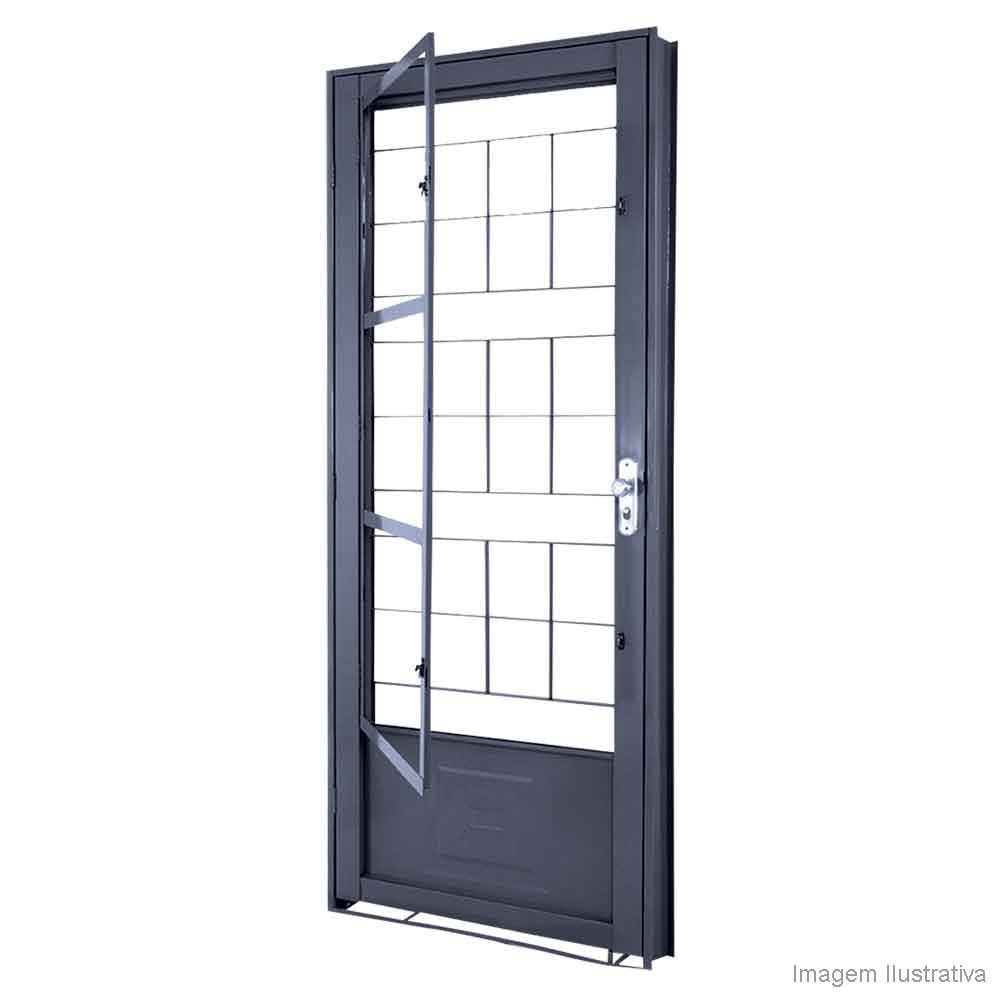 Porta postigo E com grade Quadrada 215x89x6,5cm cinza Lucasa Básica