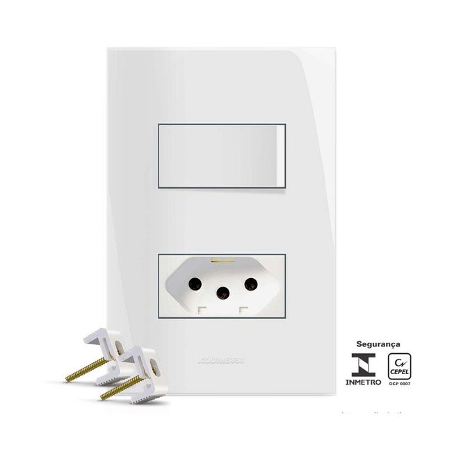 Interruptor 4x2 simples com placa e tomada 10A Inova branco Alumbra