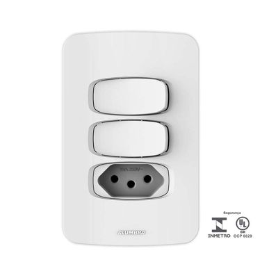 Interruptor-duplo---tomada-10A-com-placa-4X2-Gracia-branco-Alumbra