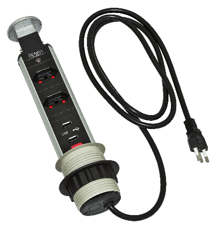 Torre de Embutir Com 2 Tomadas Renna USB 16A 240V Preto e Cinza.