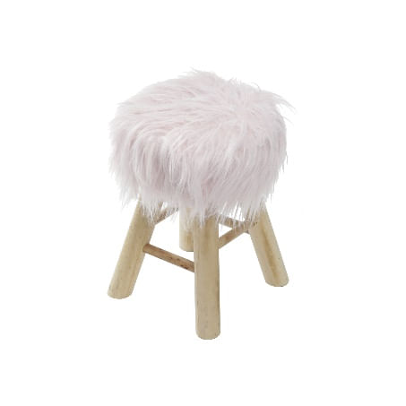 Banquinho Petit c/ Pelo Longo Rosa e Base de Madeira OR Design