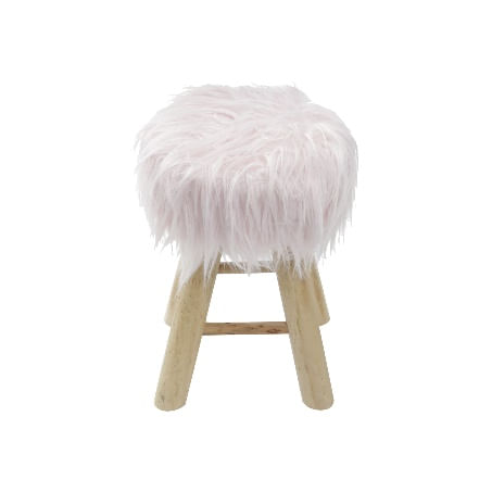 Banquinho Petit c/ Pelo Longo Rosa e Base de Madeira OR Design